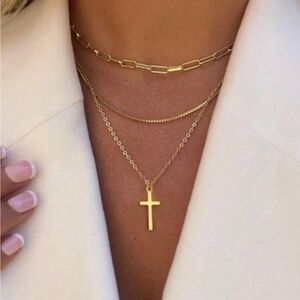 Gold 3pc Cross Chain Necklace Set